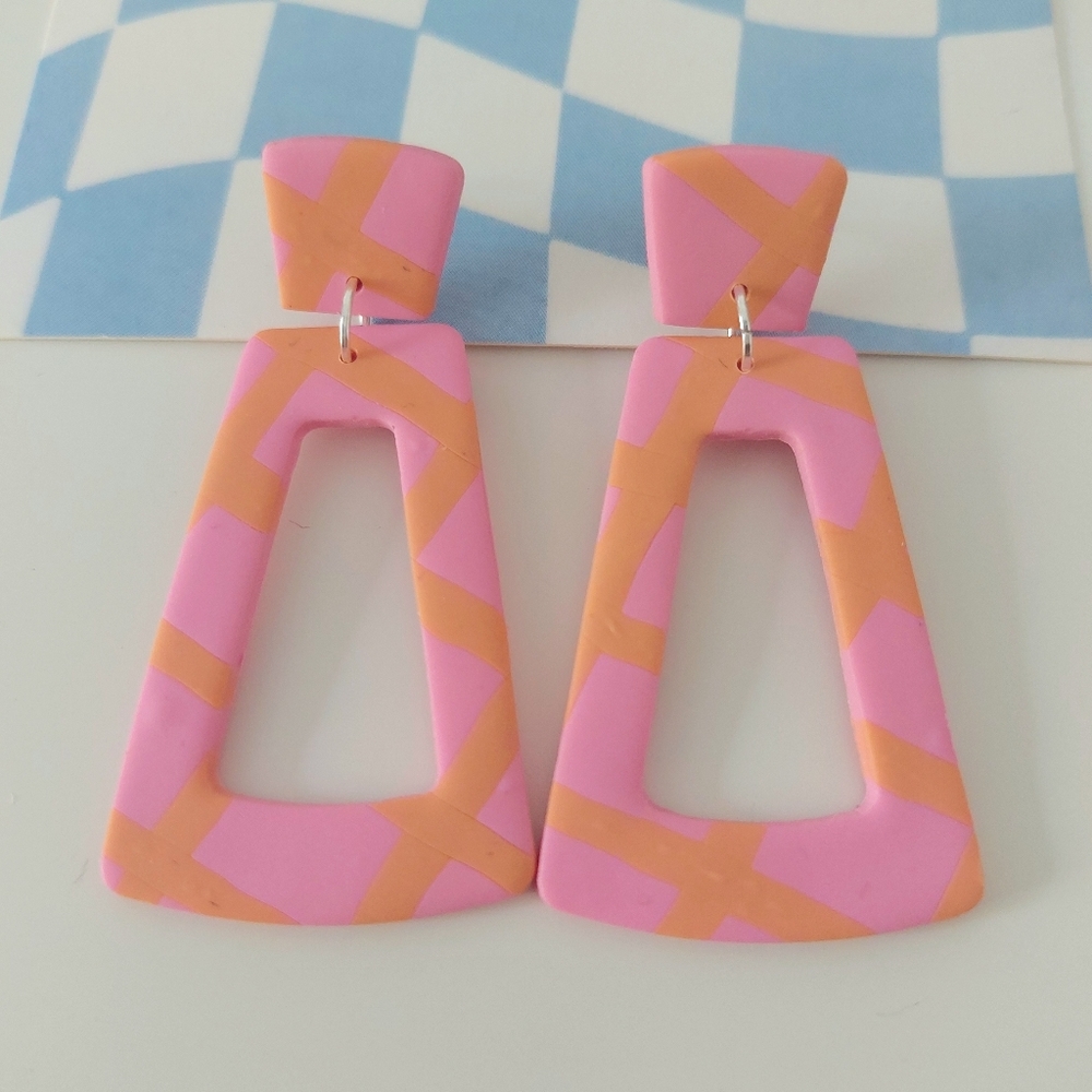 Pink and Orange Grid Polymer Clay Earrings - Picture 1 of 2